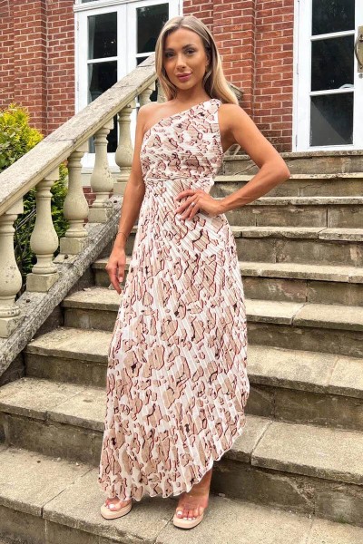 Product Cream Printed One Shoulder Pleated Midi Dress