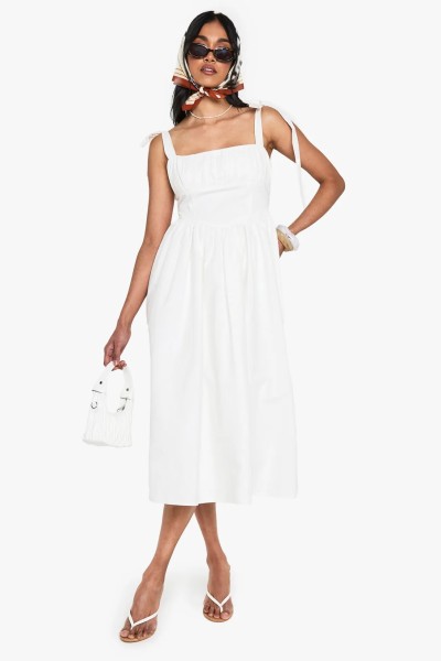 Product Cotton Ruched Bust Shoulder Tie Midi Dress